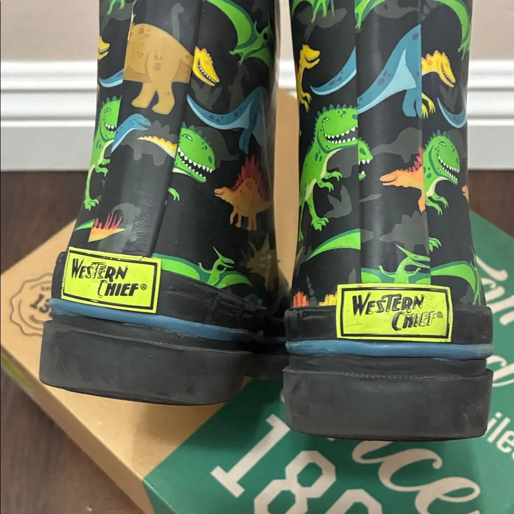 WESTERN CHIEF Kids DINO WORLD Rain Boots PULL ON Colorful Dinosaur Print SZ 2